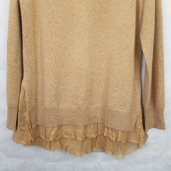 Garnet Hill Shirt Tail Cashmere Sweater Women's L Oatmeal Brown Sheer Lace Hem - Picture 3 of 15